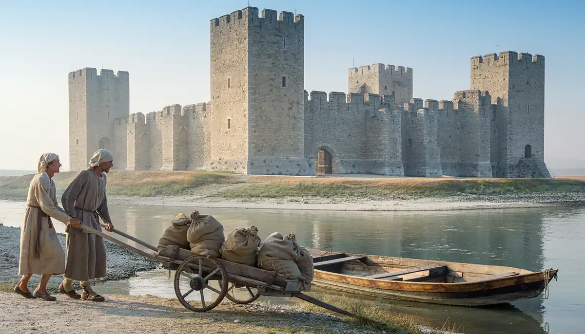 Smederevska tvrđava uz Dunav, ljudi sa robom i drveni čamac, istorijska rekonstrukcija 15. veka