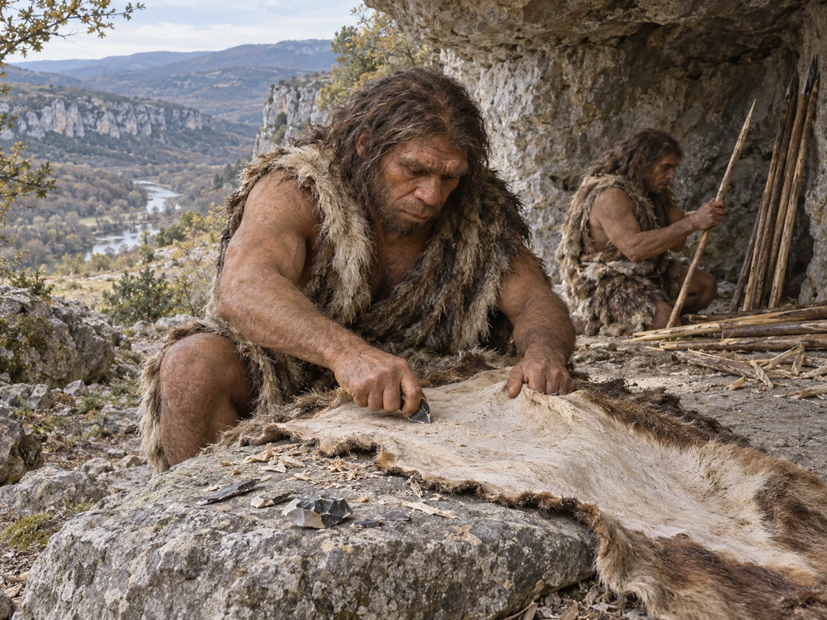 Ilustracija neandertalca koji kamenim strugalom obrađuje kožu; generičan prizor, ne konkretan nalaz iz Pešturine