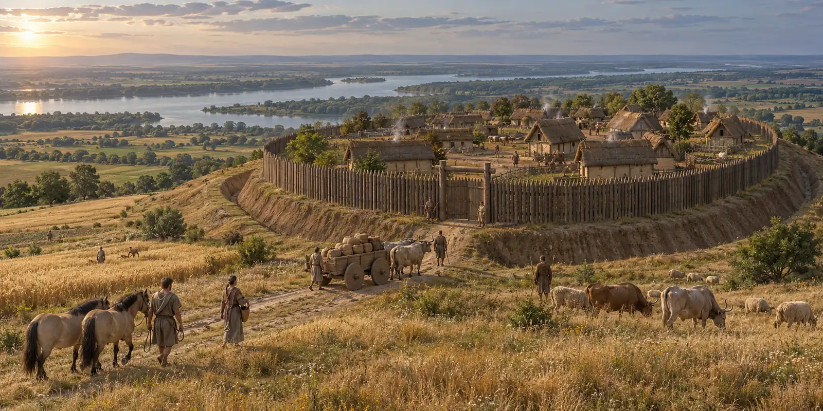 Ilustracija utvrđenog naselja bronzanog doba na brdu iznad Dunava: palisada od kolja, rov, kuće sa krovovima od trske, kola sa punim točkovima koja vuku volovi