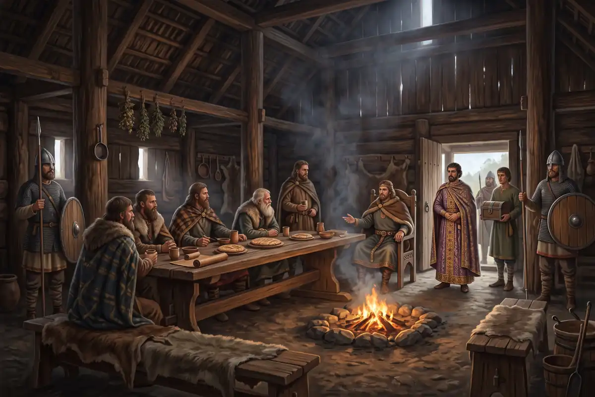 Ilustracija drvene dvorane srpskog kneza u 10. veku: knez sedi u drvenoj stolici kraj ognjišta, župani u krznenim ogrtačima za dugim stolom, kod vrata vizantijski poslanik u svilenoj odeždi i sluga sa sanducima darova, stražari sa kopljima i okruglim štitovima