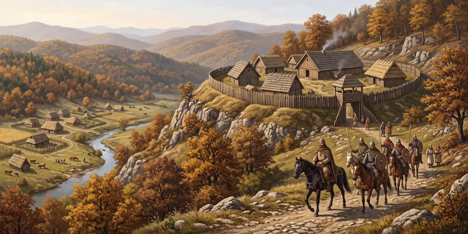Ilustracija utvrđenog kneževskog grada na brdu u Raškoj u 9. ili 10. veku: drvene kuće i dvorana iza palisade na stenovitom brdu, ispod reka i selo sa poljima, putem ka kapiji jaše knez sa pratnjom konjanika