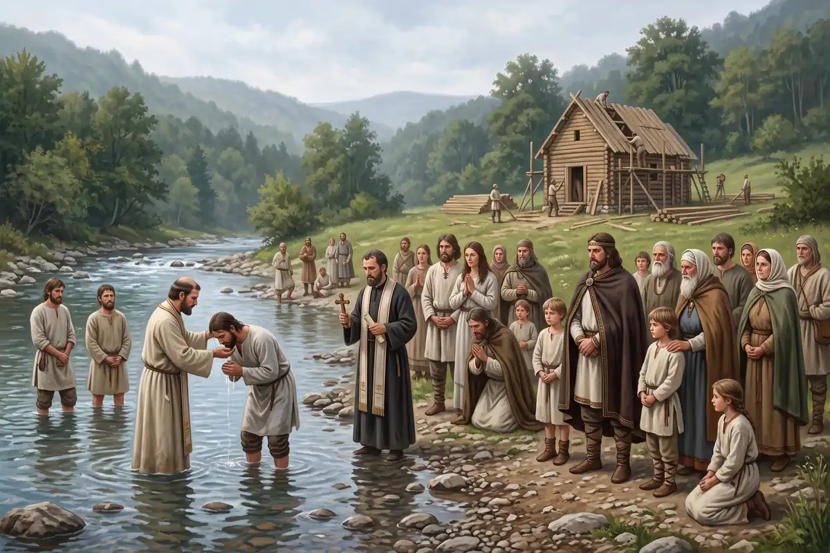 Ilustracija krštenja u planinskoj reci u 9. veku: vizantijski sveštenici krštavaju ljude do kolena u vodi, na obali porodice u belim lanenim košuljama i knez sa porodicom, u pozadini drvena crkva u gradnji