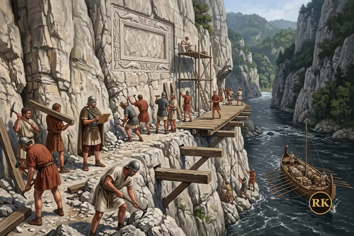 Ilustracija gradnje Trajanovog puta: rimski vojnici kleše ispust u steni iznad Dunava, u otvore ispod ubacuju drvene grede za stazu, iznad njih uklesan okvir table sa delfinima, na reci lađa sa zalihama
