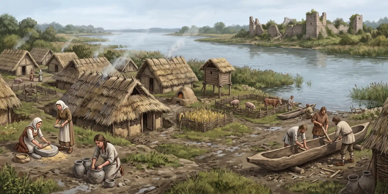Ilustracija ranoslovenskog naselja na Dunavu oko 600. godine: poluzemunice sa slamnim krovovima, krušna peć, ambar na stubovima, žene melju žito i prave lonce, muškarci dube čamac, preko reke ruševine rimske tvrđave