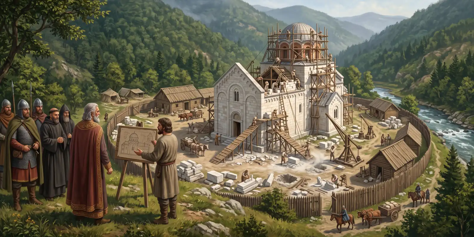 Ilustracija gradnje Studenice oko 1190. godine: crkva od belog mermera sa kupolom u skelama, majstori dižu blokove drvenim dizalicama, u prvom planu stoji Nemanja u tamnocrvenom ogrtaču sa vlastelom i monahom gleda nacrt crkve