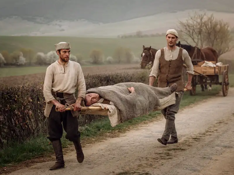 Pomoćnici prenose ranjenika na jednostavnim nosilima, rekonstrukcija 1876.