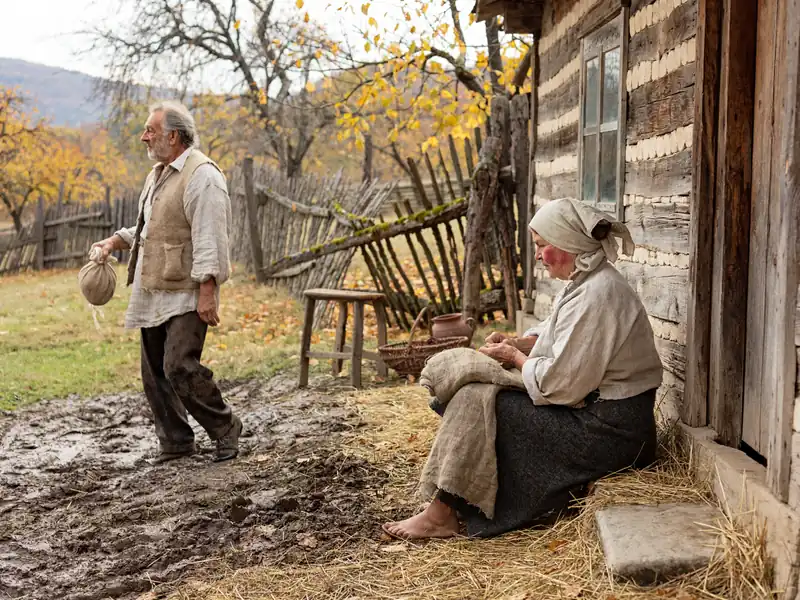 Žena i stariji čovek sa malo stvari kraj skromne seoske kuće