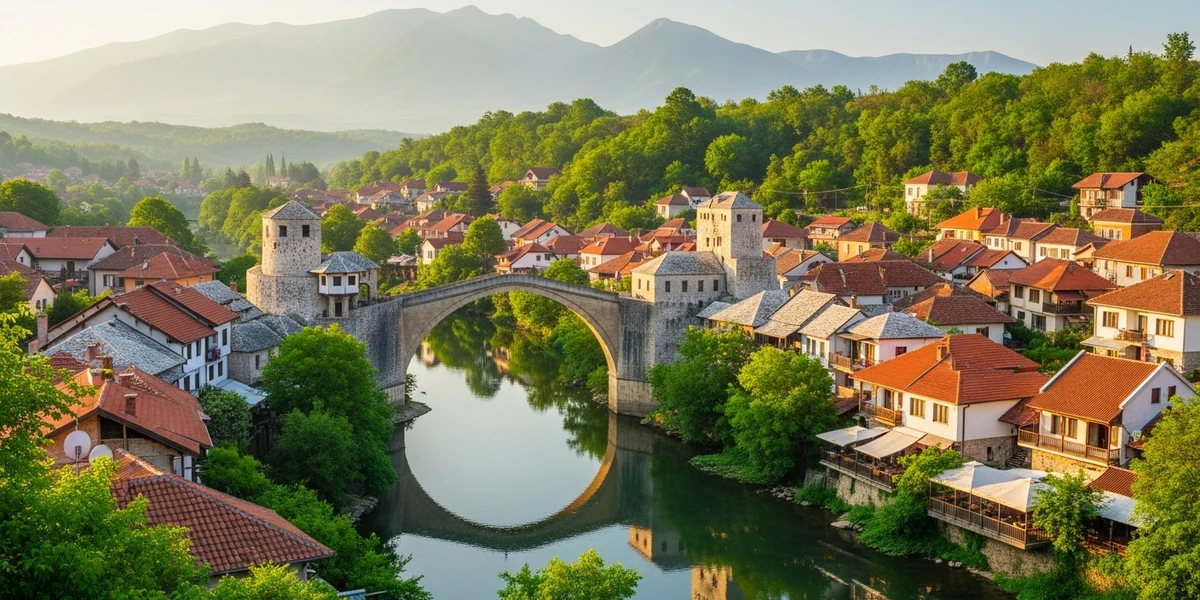 Pirot pod Starom planinom — pogled na grad i reku Nišavu sa planinskom siluetom u pozadini