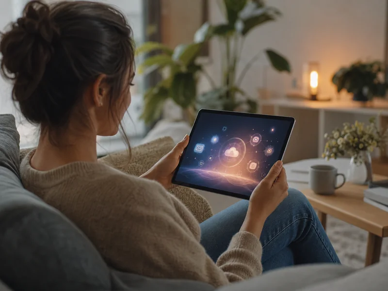 Opuštena osoba drži tablet dok AI radi zadatke umesto nje