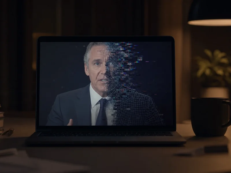 Laptop noću sa videom čije se lice raspada u digitalnu mrežu, deepfake
