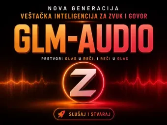 Neonski plakat alata GLM-Audio sa natpisom Pretvori glas u reči i reči u glas