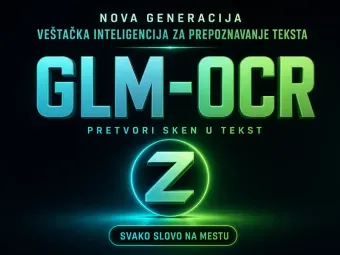 Neonski plakat alata GLM-OCR sa natpisom Pretvori sken u tekst