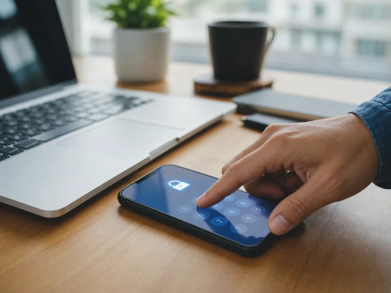 Prst kuca PIN na telefonu pored otvorenog laptopa