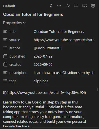Obsidian Web Clipper sa naslovom, izvorom, autorom i opisom video vodiča