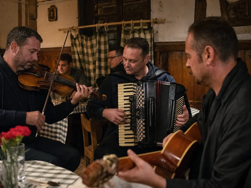 Violinista, harmonikaš i gitarista sviraju za stolovima u kafani
