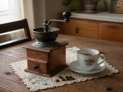 Drveni ručni mlin za kafu pored porcelanske šoljice