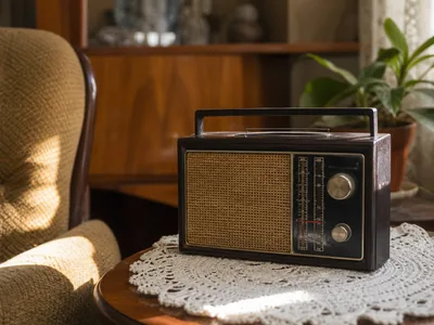 Stari tranzistorski radio na miljeu pored fotelje