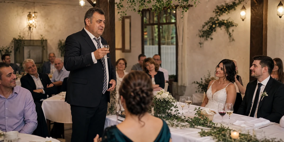 Član porodice drži zdravicu mladencima pred okupljenim gostima
