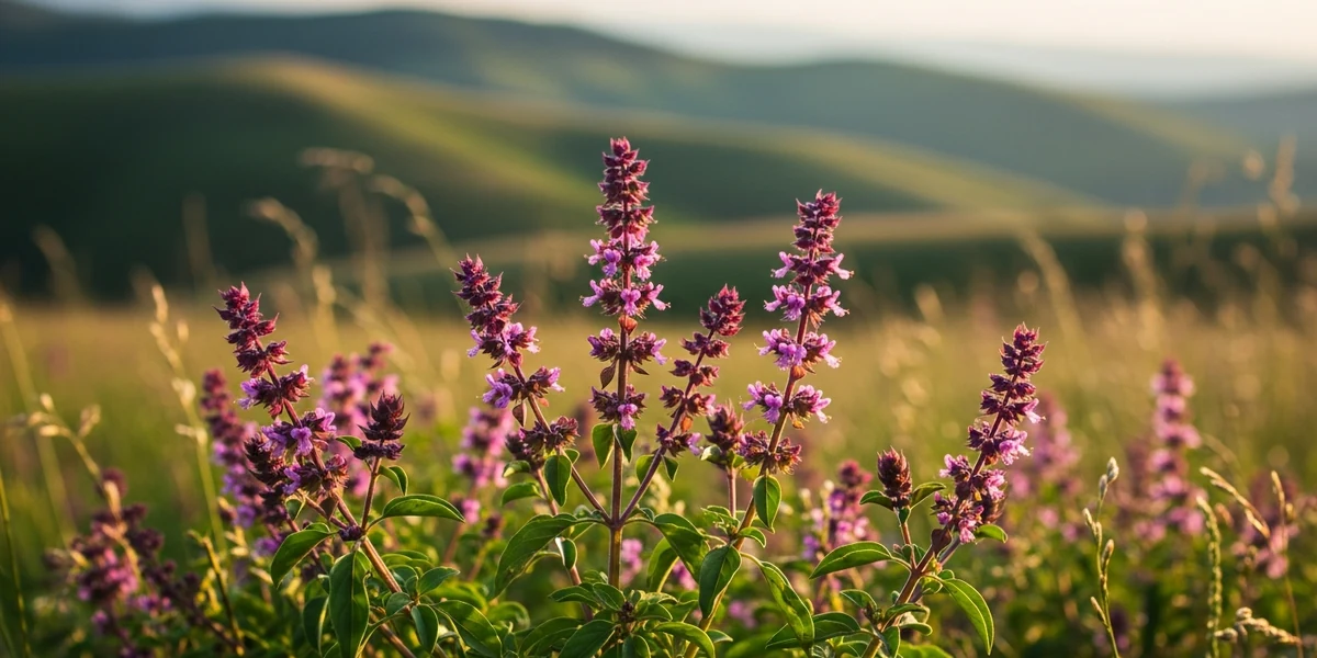 Konjski bosiljak u cvetu na livadi — ružičasti cvetovi i aromatični listovi