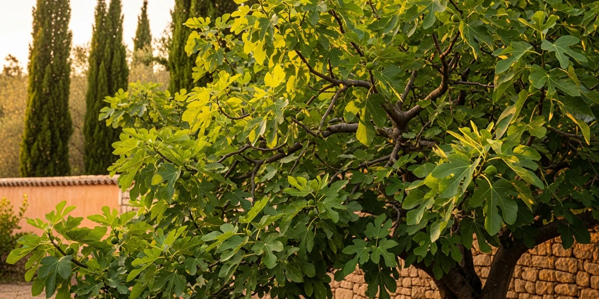 Smokvino drvo sa krupnim zelenim listovima na mediteranskom suncu (Ficus carica)