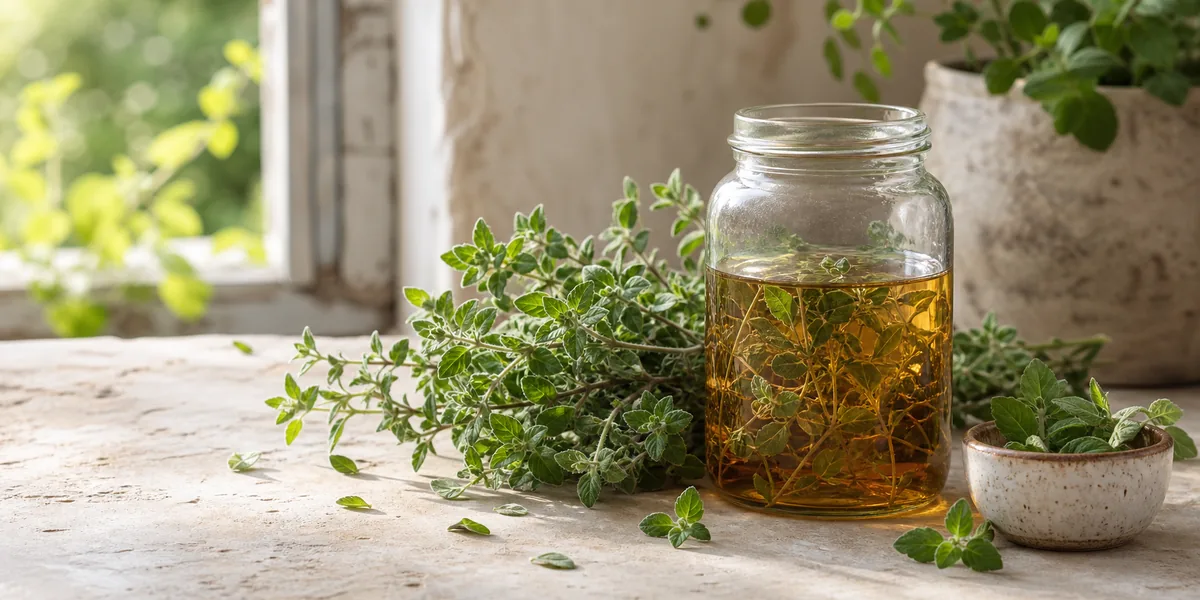 Svež origano i tegla domaćeg aromatičnog sirćeta na svetloj kuhinjskoj površini