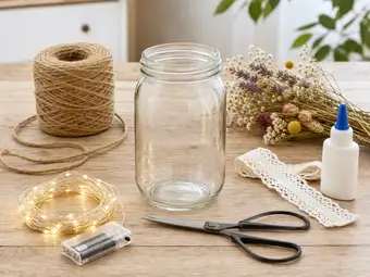 Na drvenom stolu su prazna tegla, klupko kanapa od jute, LED lampice na baterije, čipkasta traka, lepak i makaze