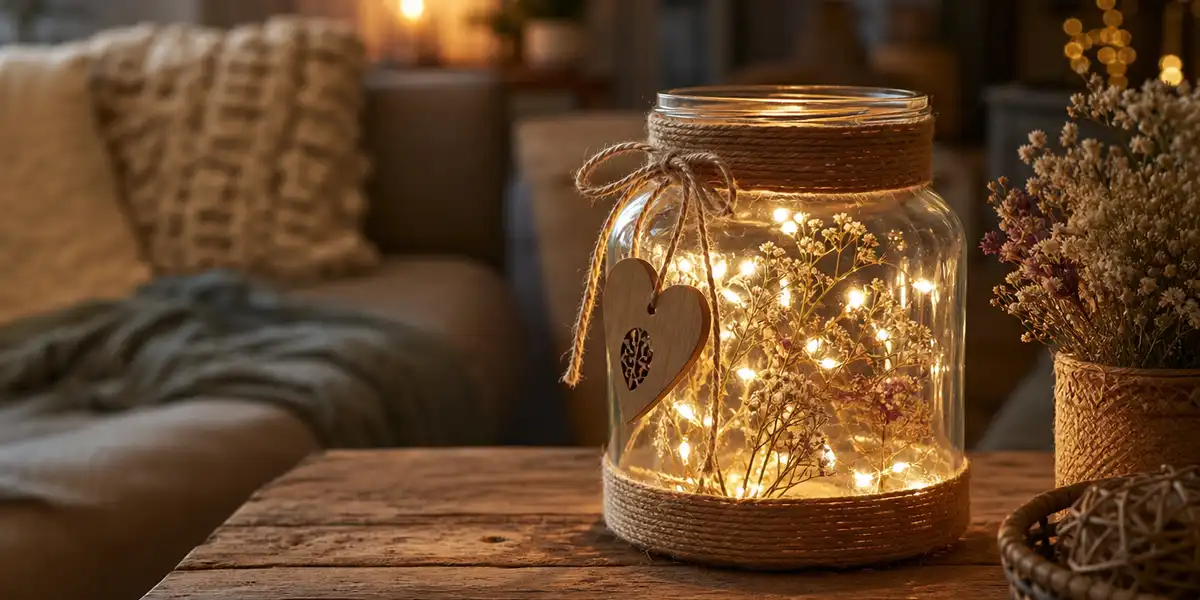 Upaljena dekorativna lampa od tegle sa LED lampicama, jutom i čipkom na drvenom stolu u toploj dnevnoj sobi