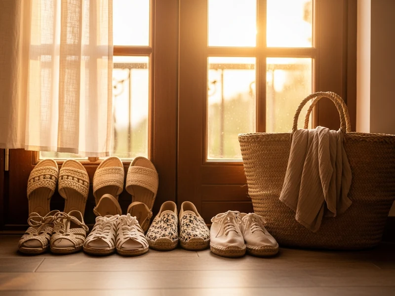 Letnje sandale i espadrile poređane pored vrata obasjanih suncem
