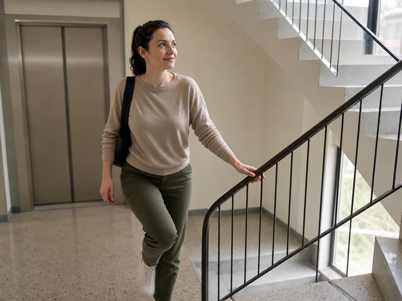 Osoba se penje svetlim stepeništem dok lift stoji zatvoren