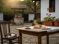 slicica selo jutro sa kafom i mačkom
