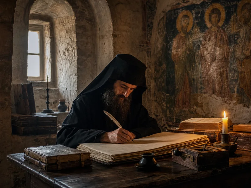 Monah pisar piše rukopis uz sveću u kamenom manastirskom skriptorijumu