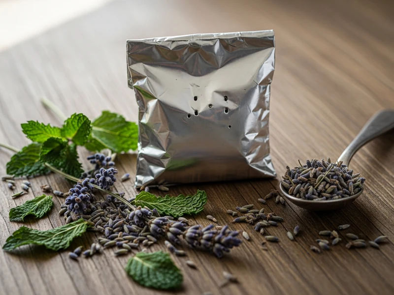 Paketić od aluminijumske folije sa rupicama, oko njega suva lavanda i menta