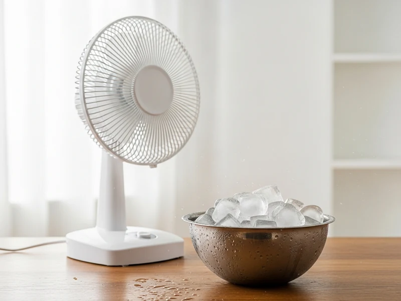 Ventilator duva preko metalne činije pune kockica leda na stolu