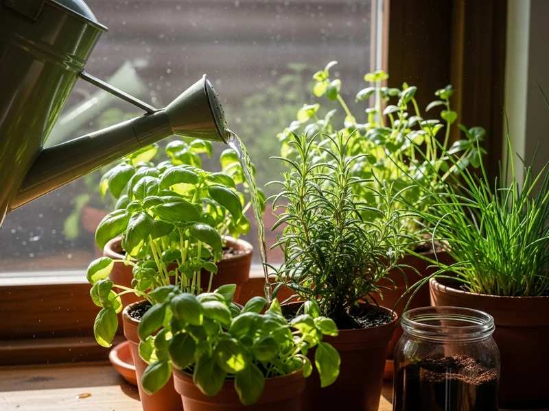Kanta za zalivanje preliva blago braon vodu preko začinskog bilja na prozoru