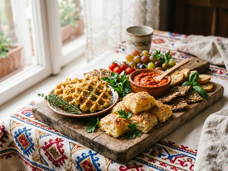 Daska sa predjelima: slane vafle, pite sa sirom, ajvar i krekeri na etno stolnjaku