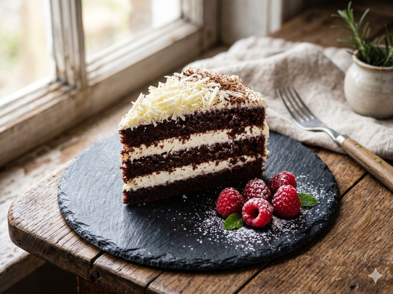 Parče čokoladne torte sa kremom i rendanom belom čokoladom, pored sveže maline