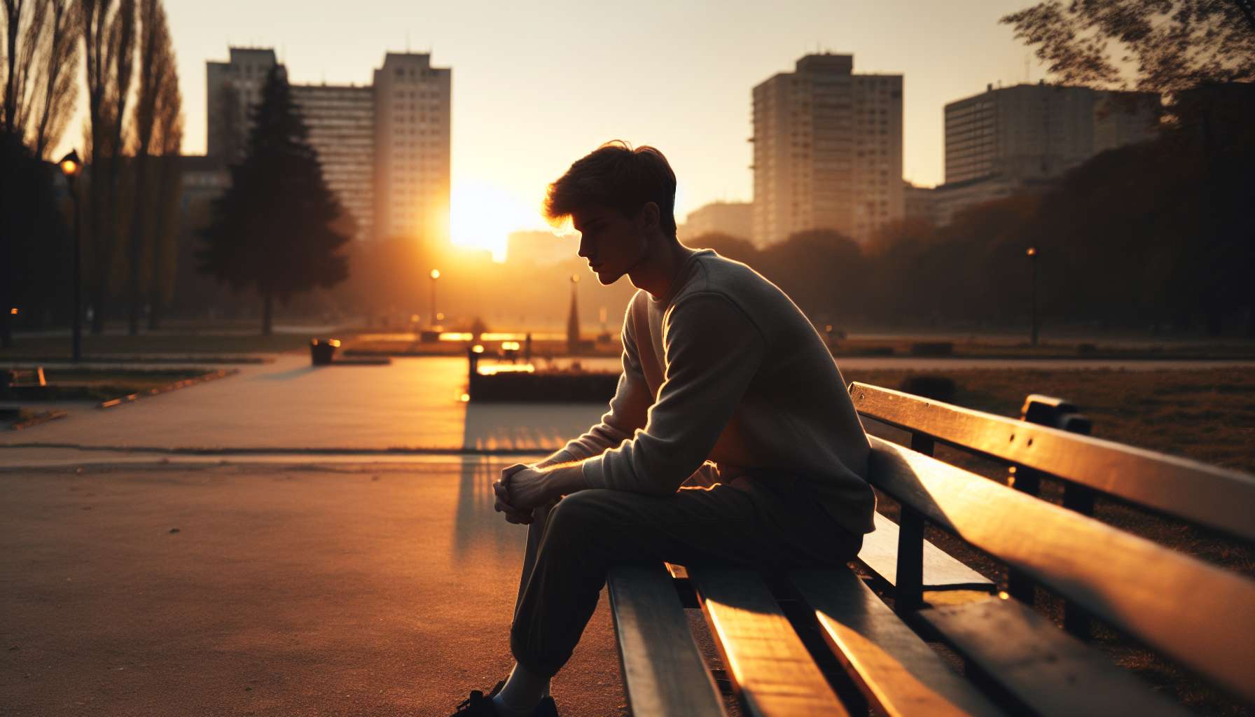 A young man sitting alone on a bench in a quiet urban park during sunset. He looks thoughtful and lonely. The background shows tall buildings and empty paths, soft golden light creates a warm yet melancholic atmosphere. Cinematic, realistic, 16:9 aspect ratio.