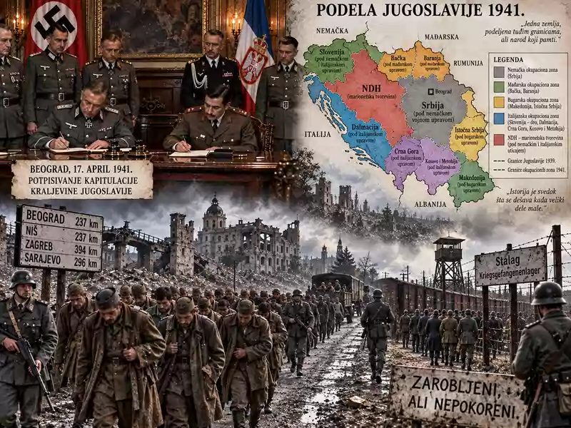 Gore oficiri potpisuju kapitulaciju za stolom, dole kolona jugoslovenskih zarobljenika ide blatnjavim putem ka vagonima i logorskoj kuli.