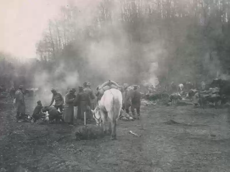 Vojnici i zaprega na položaju, fotografija iz galerije uz rovovski rat na Gučevu.